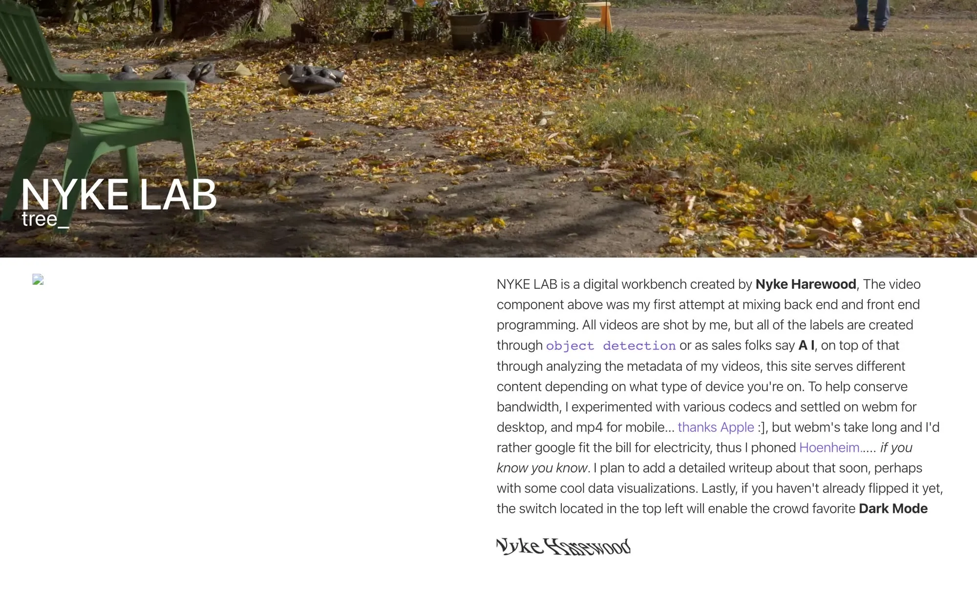 The old About section: a bio paragraph on the right, a broken-image icon where a photograph used to be on the left, and a smeared signature reading Nyke Harewood below.